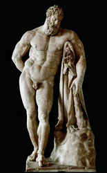 Farnesei Herkules, Glykón kolosszális márványszobra a római Caracalla-termákból, Sziküóni Lüszipposz görög eredetije nyomán, mérete 3,17 m, Kr. u. 3. század - Nápolyi Régészeti Múzeum - A Farnesei Herkules - Márványszobor (M. 31)