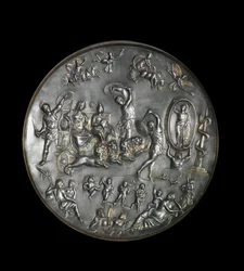 Patere de Parabiago, ezüst rituális edény, amely Attis (vagy Atys) és Cybele diadalát ábrázolja oroszlánok által lőtt szekéren, 4. század. Ezüst: Átmérő: 40 cm. Milánói régészeti múzeum. - Patera of Parabiago, rituális ezüstlemez, a diadal jelképe