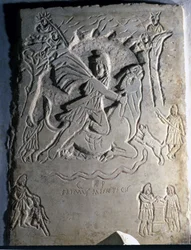 Az iráni Mithra (vagy Mitra) istenséget ábrázoló dombormű, ahogy lemészárolja a bikát, egy hozzá kapcsolódó állatot. 4. század. Palazzo dei Conservatori, Róma.