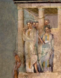 Római művészet: „Iphigeneia Tauriszban”. A Lucrezio Frontone mestereként ismert festőnek tulajdonított freskó. 1. század. Pompejiből. Méretei: 118 x 81 cm. Nápoly, Museo Archeologico Nazionale.