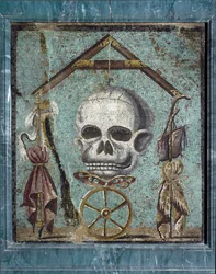 Római művészet: Memento mori, az élet és a halál szimbólumai. Mozaik Pompejiből. 2. stílus. 47x41 cm-es Nemzeti Régészeti Múzeum, Nápoly