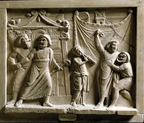 Római művészet: komikus színházi jelenet Terentius (Publius Terentius Afer) (Kr. e. 185-159) „Andria” című darabjából, pompeji dombormű - Museo Archeologico Nazionale, Nápoly