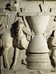 Római művészet: malomkorongot ábrázoló alacsony dombormű. Kr.u. 1. század. Rome Museo della Civilta Romana