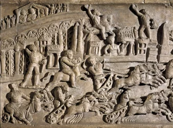 Római művészet: alacsony dombormű, amely a római Circus Maximus (Grand Circus vagy Circus Maxime) tankversenyeit ábrázolja. Kr.u. 2. század. Róma, Museo della Civilta Romana