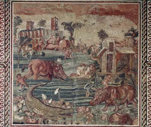 Római művészet: nílusi tájat ábrázoló mozaik az Aventinus-domb egyik villájából, Róma, 1-2. század. Róma, Museo Nazionale Romano, Palazzo Massimo, ltsz. 171