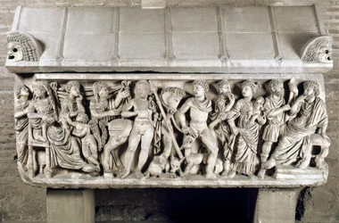 Római művészet: Phaidra és Hippolütosz legendáját elbeszélő lapos domborművel díszített szarkofág. Kr. u. 3. század. Róma, Museo Nazionale Romano