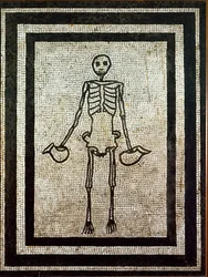 Római művészet: két korsót tartó csontváz. 1. századi mozaik Pompejiből. Nemzeti Régészeti Múzeum, Nápoly, Olaszország
