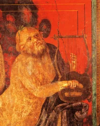 Silenus lírát játszik, freskó a Rejtélyek Villájából, Pompeii, Campania, Római Civilizáció