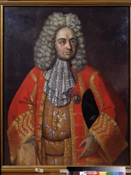 Grigorij Dmitrijevics Sztroganov (1656-1715) portréja (G. D. Sztroganov portréja). Orosz földbirtokos és államférfi, Pierre Le Grand (1672-1725) reformjainak és kezdeményezéseinek buzgó támogatója. Van rajta egy medalion, kétségtelenül a portréval