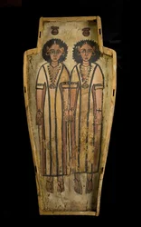 Emberszabású koporsó alapja, Felső-Egyiptom, Théba, késő római kor, i.sz. 175-200 körül (vakolt és festett fa)