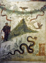 Szőlőfürtökbe öltözött Dionüszosz a Vezúv előtt - Pompeji freskója, Casa del Centenario (a Centenárium háza) - Nápoly, Nemzeti Régészeti Múzeum