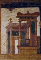Fantasztikus építészet, freskó az oecusból a Vettii házában, Pompeiiben (UNESCO Világörökségi Lista)