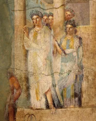 Iphigeniát a Bikában ábrázoló freskó, szobalányok részlete, L. Caecilius Giocondus házából Pompeiben, Olaszországban