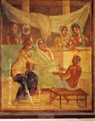 A.D.metus és Alcestis tanácsadó orákulumát ábrázoló freskó a Tragic Poet Házából, Pompei, Olaszország