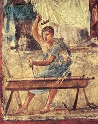 Olaszország, Campania régió, Nápoly tartomány, Pompei, Vettii-ház, ácsot ábrázoló freskó