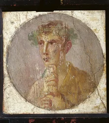 Egy papirusztekercset tartó fiatal férfi portréja Olaszországból, Campania, Pompei, gipszre festve, i.sz. 55-79.