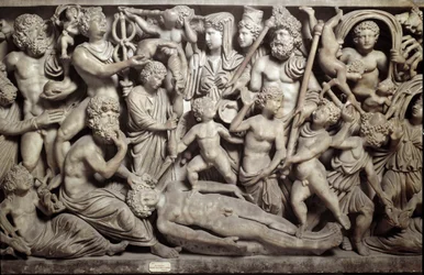 Prometeo létrehozta az uomót: Promethee megalkotta az első embert. Szarkofág Promethee mítoszának ábrázolásával. A görög és római mitológia szereplőivel: Prométheus, Psyche, kis szerelmek, Hermész, pszichopomp isten, Parques (szekrények), Poszeidon,