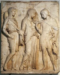 Római művészet: „Orpheusz, Eurüdiké és Hermész”. Márvány dombormű egy görög eredeti nyomán. Nápoly, Museo Archeologico Nazionale