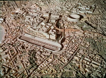 Római művészet: az ókori Róma városát ábrázoló makett. Középen a Circus Maximus, vagyis a Nagy Cirkusz, amelyet kocsiversenyek számára tartottak fenn. Róma, Museo della Civiltà Romana. Római művészet. A Circus Maximus és az etruszk falak. A rekonstrukciós