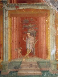 Színházi jelenet, IV. stílusú freskó vörös háttéren a pompeji Pinarius Cerialis házából (UNESCO világörökségi lista)