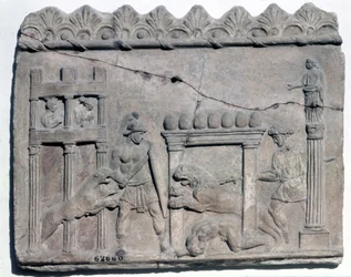 Venatio az arénákban. Alsó dombormű a római korból. Museo Nazionale Romano