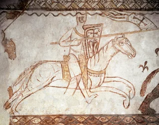 Keresztes hadjárat: a templomos rend lovagja. Román művészet. A cressaci kápolna freskója (Cressac-Saint-Genis, Charente)