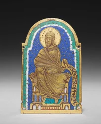 Emléktábla: Ülő próféta egy ereklyetartó szentélyből: Osea (Hosea), 1170-1180 körül (aranyozott réz, champlevé zománc)
