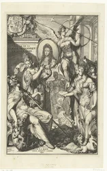 Allegorikus homlokzat III. Vilmos portréjával Voyage de sa Majeste Britannique en Hollande (cím a tárgyon)