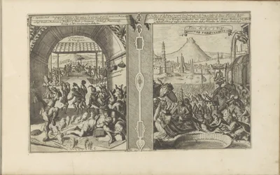 Smith főnök a Virginiakkal; Királyi lakoma Peguban Virginiaense Ceremonien / Ceremonies de Virginie // Királyi ünnepségek Peguban (cím a tárgyon) Les Indes Orientales et Occidentales et autres lieux (sorozat címe)