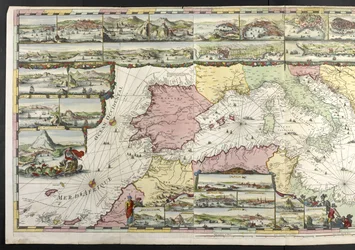 A Földközi-tenger térképe allegorikus alakokkal és a betéteket díszítő tengeri szörnyekkel, Charles Pene és Pieter Mortier „The French Neptune and Atlas Maritime and Suite du Neptune François” című művéből