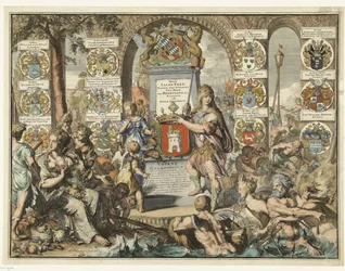 Címnyomat Caartboeck van Voorne, 1701 Voorne Caart-Boeck az összes East Lande-ban található falvak és polderek közül, valamint a Nyugat-Voorne (...) 1695. június 7. Mint amikor Bailliuw és a Leenmannen voltak a fenti és a szomszédos Heeren. (cím a tárgyon)