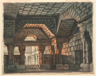 Színpadterv, erődített kastélybelső Gioachino Rossini „Ciro in Babilonia” számára, La Scala, Milánó, 1818, „UnderPrison”