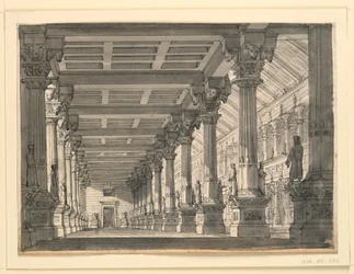 Színpadtervezés, egy babiloni palota csarnoka Gioacchino Rossini „Ciro in Babilóniában” opera számára