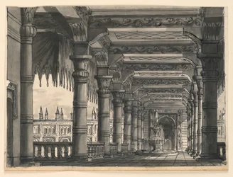 Színpad, loggia szökőkúttal egy keleti palotában