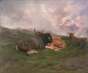 Pihenő szarvasmarhák egy alpesi hegyoldalon, 1885
