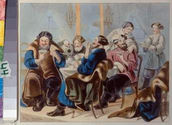 Tea és cukor. Teaivás a kocsmában Zsukovszkij, Rudolf Kaszimirovics (1814-1886), XIX. század első negyede. - Litográfia, akvarell - Állami Történeti Múzeum, Moszkva