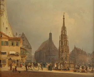 A gyönyörű szökőkút a nürnbergi Frauenkirche előtt