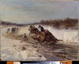 Farsang. Egy éneklő és mosolygó férfi és nő ül egy szánon. A nagyböjt kezdete előtti időszakot ünneplik, amikor zsíros ételeket esznek. Rudolf Ferdinandovics Frenz (1831-1918) festménye