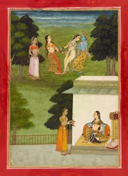 Krsna játszik a gópikkal, fólió egy "Rasikpriya"-ból, 1686-ban (átlátszatlan akvarell és arany papíron)