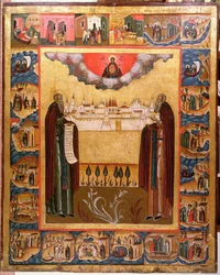 Szolovecki Szent Zosimus és Sabbatheus életük jeleneteivel, 18. század (tempera a táblán)