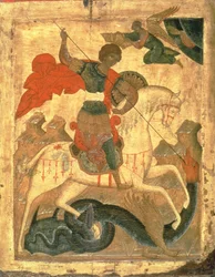 Szent György és a sárkány (tempera szöveten, gessón és fán)