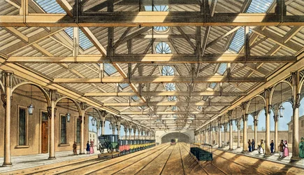 Új pályaudvar, Lime Street, az alagút bejárata és a foglalási irodák, a „Liverpool and Manchester Railway”-ről, John Harris metszet, pub. Ackermann und Co., 1836