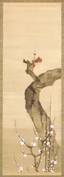 Piros és fehér szilvavirágok (tinta, szín és arany selyemen)