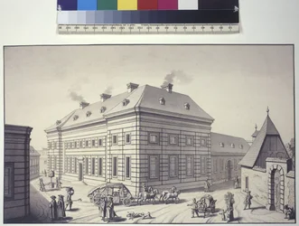 Egész oldal: a rosaui liechtensteini kerti palotával szemben található egykori Orangerie ferde nézete (tollrajz)