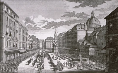 Georg-Daniel Heumann (1691-1759) gravírozása egy felvonulásról a Grabenben