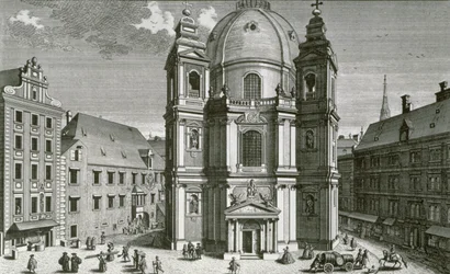 Kilátás a bécsi Peterskirche-re, Johann Bernard Hattinger metszetével