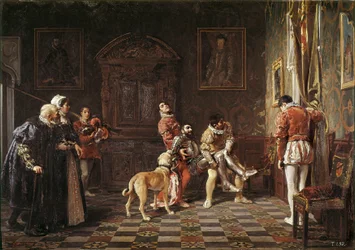 "" A torna visszatérése "" Egy fiatal lovagot, aki sérült, visszahoznak a palotába, két oldallal alátámasztva. Salvador Martinez Cubells (1845-1914) festménye, 1881 Valencia. Bellas Artes San Pio Múzeum