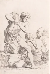 Két férfi ül, és egy másik férfi, aki egy botot tart egy sziklán, a szeri..., kb. 1656-1657.