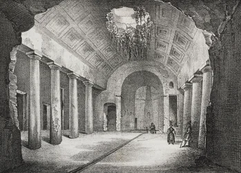 Hall Caposele herceg ősi villájában Formiában, Lazio, Olaszország, Salvatore Puglia litográfiája a Poliorama Pittorescoból, január 11. 23.