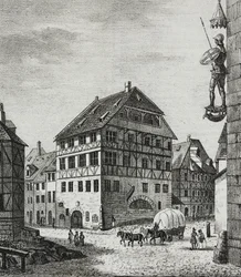 Albrecht Durer (1471-1528) háza Nürnbergben, Németországban, Salvatore Puglia litográfiája a Poliorama Pittoresco-ból, március 12., 31.